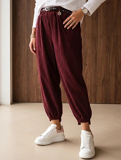 Dámske bavlnené manšestrové nohavice s opaskom, vínové, FashionStreet UY3173
