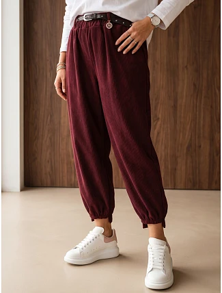 Dámske bavlnené manšestrové nohavice s opaskom, vínové, FashionStreet UY3173