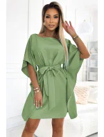 287-27 SOFIA Motýlie šaty so zaväzovaním v páse - OLIVE