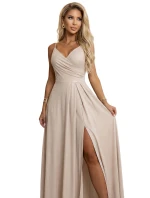 299-20 CHIARA Maxi šaty bez ramienok s obálkovým výstrihom a rozparkom na nohách - béžové s trblietkami