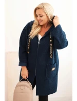 Dámske Plus veľkosť Faux Shearling kabát s kapucňou a vreckami Blue Dámske Plus veľkosť Faux Shearling kabát s kapucňou a vreckami Blue