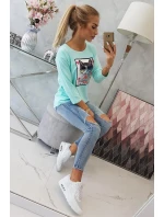 Blúzka s 3D grafikou mačky v mätovej farbe Blúzka s 3D grafikou mačky v mätovej farbe