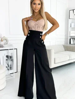 496-1 Elegantné široké nohavice s vysokou sedmičkou a zlatými gombíkmi - ČIERNA