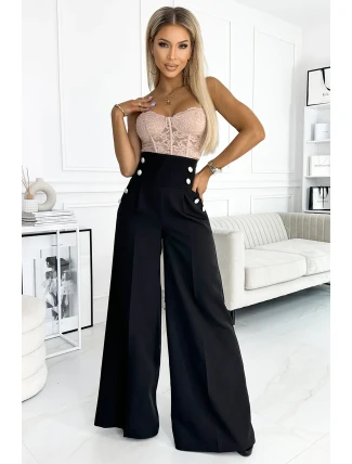496-1 Elegantné široké nohavice s vysokou sedmičkou a zlatými gombíkmi - ČIERNA 496-1 Elegantné široké nohavice s vysokou sedmičkou a zlatými gombíkmi - ČIERNA