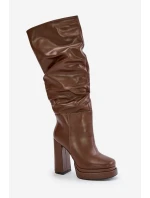 Wsuwane Kozaki Na Słupku I Platformie Z Marszczeniem Ocieplane Brązowe Beridra