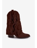 Dámské kožené boty s třásněmi na podpatku čokoládové Gralina
