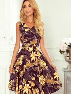 Rozšírené dámske šaty so vzorom zlatých listov as výstrihom v tvare srdca 114-13