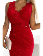 Numoco midi čipkované šaty s ceruzkovým výstrihom - červené