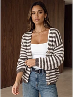 Dámsky oversize kardigán s pruhmi v farbe fango-béžovej, FashionStreet MY2641