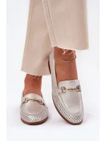 Skórzane Mokasyny Damskie Z Ozdobą Na Płaskim Obcasie S.Barski LR51-594 Srebrne