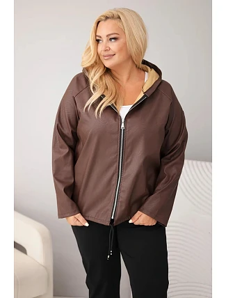 Dámska bunda Plus Size s kapucňou a nastaviteľným spodným lemom, hnedá