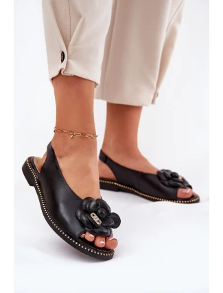 Skórzane Płaskie Sandały Z Ozdobą CheBello 4642 Czarne