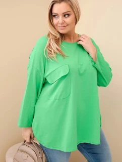 Dámska blúzka nadrozmernej veľkosti s vreckom a vyhrnutými rukávmi zo svetlozelenej bavlny