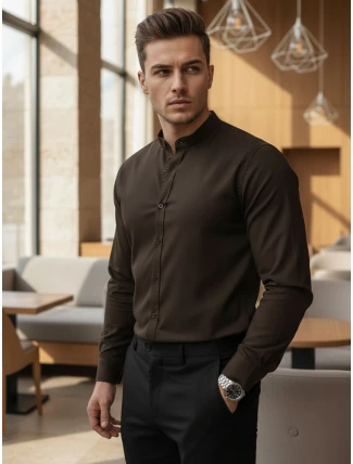 Pánska košeľa SLIM FIT so stojacím golierom hnedá FashionStreet DX2678