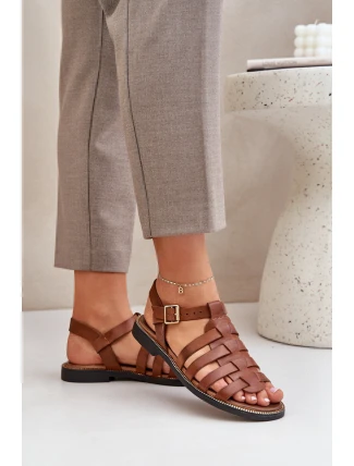 Skórzane Sandały Na Płaskim Obcasie Zazoo 3686 Camel