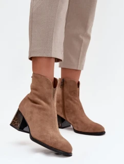 Botki Damskie Z Naturalnego Zamszu Na Obcasie Ocieplane Vinceza 66806 Camel