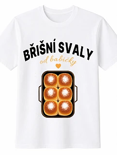 Pánske bavlnené tričko s potlačou – BRUŠNÉ SVALY OD BABIČKY – biele