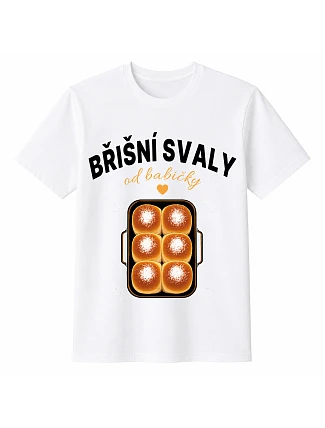 Pánske bavlnené tričko s potlačou – BRUŠNÉ SVALY OD BABIČKY – biele