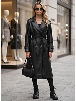 Dlhý čierny dámsky dvojradový kabát s opaskom FashionStreet NY0780