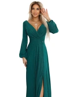 572-4 NELA trblietavé dlhé šaty s výstrihom, dlhými rukávmi a rozparkom na nohách - MASTOVO ZELENÁ