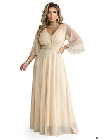 654-2 Dlhé trblietavé plus size šaty s výstrihom a priehľadnými rukávmi - šampanská béžová 654-2 Dlhé trblietavé plus size šaty s výstrihom a priehľadnými rukávmi - šampanská béžová