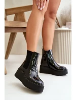 Lakierowane Botki Damskie Na Platformie I Koturnie Ocieplane Czarne Wloedia