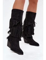 Ocieplane Kozaki Kowbojki Damskie Z Frędzlami Czarne Brivina