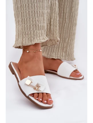 Klapki Damskie Na Płaskim Obcasie Z Kokardą Białe Sallariela