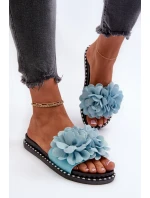 Dámske papuče zdobené kvetmi, modrý celan Dámske papuče zdobené kvetmi, modrý celan