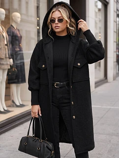 Dámsky dlhý kabát z ovčej kože s kapucňou, čierny, FashionStreet NY0798