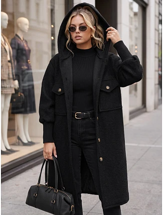 Dámsky dlhý kabát z ovčej kože s kapucňou, čierny, FashionStreet NY0798 Dámsky dlhý kabát z ovčej kože s kapucňou, čierny, FashionStreet NY0798