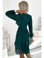 538-2 MILA Šifónové midi šaty s dlhými rukávmi a výstrihom - ZELENÉ