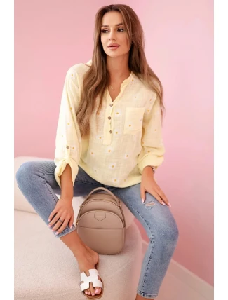 Dámska ľanová blúzka s kvetinovým vzorom, dlhými rukávmi a gombíkmi Žltá