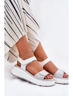 Skórzane Sandały Damskie Platformie I Koturnie Na Rzep S.Barski LR51-543 Srebrne