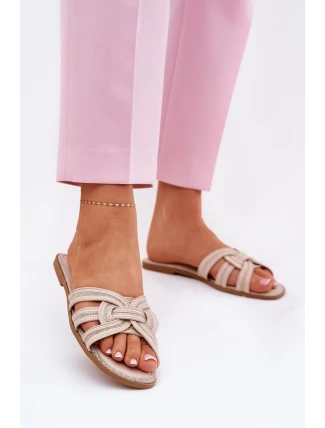 Klapki Damskie Płaskie Z Przeplatającymi Się Paskami Beżowe Acimine