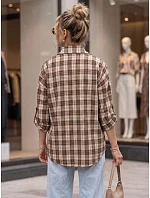 Dámska kockovaná košeľa s bavlnou, hnedá, FashionStreet DY0494 Dámska kockovaná košeľa s bavlnou, hnedá, FashionStreet DY0494