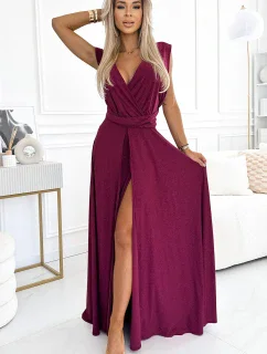 509-3 Elegantné dlhé šaty s viacerými viazaniami - Bordeaux s trblietkami