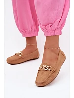 Dámske mokasíny so zlatou retiazkou a imitáciou semišu Camel Amaretto