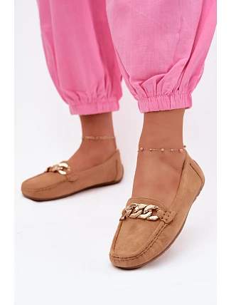 Dámske mokasíny so zlatou retiazkou a imitáciou semišu Camel Amaretto