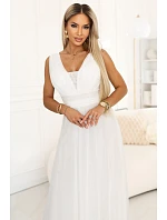 637-8 Dlhé maxi šaty s brokátovým akcentom a hlbokým výstrihom - ecru