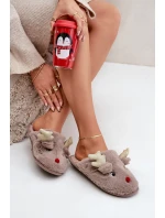 Kapcie Świąteczne Z Motywem Renifera Futrzane Ciemnobeżowe Asielle