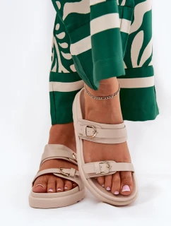 Klapki Damskie Na Platformie Ze Złotymi Klamrami Beżowe Wernone