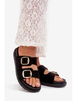 Klapki Damskie Na Platformie Ze Złotymi Klamrami Czarne Verena