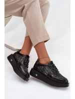 Skórzane Sznurowane Półbuty Damskie Na Platformie Artiker 57C2043 Czarno-Srebrne