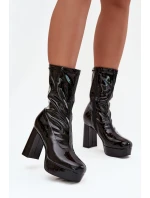 Lakierowane Botki Damskie Na Platformie I Słupkowym Obcasie Czarne Calvessa