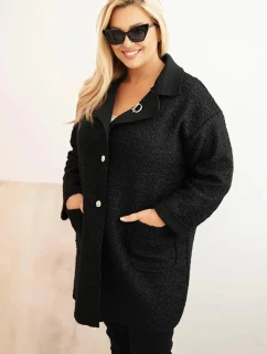 Dámsky kabát s vlnou a vreckami v čiernej farbe