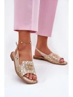 Skórzane Sandały Z Ozdobą Na Płaskim Obcasie S.Barski KV51-096 Złote