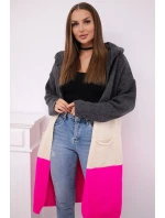 Pruhovaný sveter s kapucňou grafitová + béžová + neónovo ružová