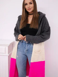 Pruhovaný sveter s kapucňou grafitová + béžová + neónovo ružová