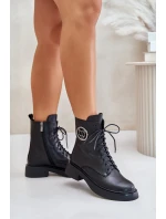 Skórzane Botki Workery Ocieplane Na Zamek Z Ozdobą Czarne Lorevine